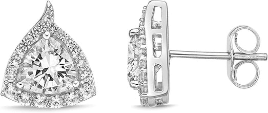 .925 Sterling Silver Trillion Cut Birthstone & Created White Sapphire Halo Stud Earrings - Choice of Birthstone/Month