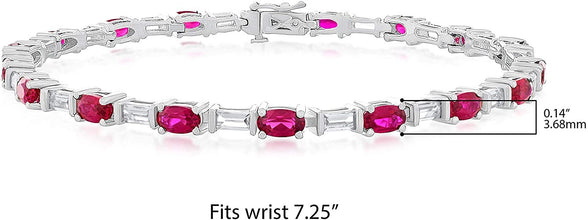 .925 Sterling Silver, Oval Lab-Grown Gemstone & Baguette Cut Lab-Grown White Sapphire Alternating Link Tennis Bracelet - 7-1/4