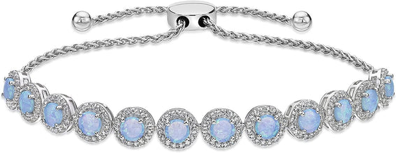.925 Sterling Silver, Lab Grown Opal Cabochon & Lab Grown White Sapphire Round Halo Links Adjustable Bolo Bracelet - 6”-9-1/2” - Choice of Opal Color