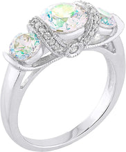 .925 Sterling Silver Round Brilliant Cut Aurora Borealis Cubic Zirconia Three Stone Engagment Ring
