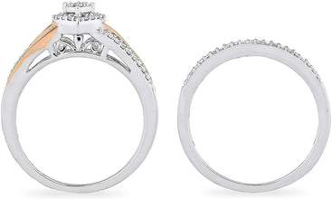 14K Rose Gold Plated .925 Sterling Silver 1/5 Cttw Diamond Two Tone Heart Halo Engagement Ring and Wedding Band Bridal Set (H-I Color, I1-I2 Clarity)