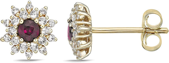 10K Yellow Gold Round Genuine Precious Gemstone & White Topaz Halo Stud Earrings