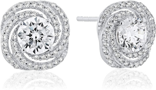 .925 Sterling Silver Round Cubic Zirconia Pinwheel Spiral Double Halo Pushback Stud Earrings