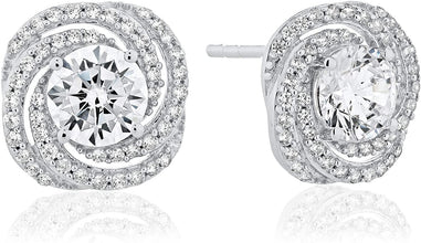 .925 Sterling Silver Round Cubic Zirconia Pinwheel Spiral Double Halo Pushback Stud Earrings
