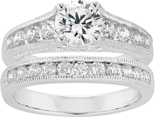 .925 Sterling Silver & Round Cubic Zirconia Graduated Cathedral Style Engagement Ring and Channel Set Wedding Band Milgrain Bridal Set