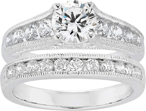 .925 Sterling Silver & Round Cubic Zirconia Graduated Cathedral Style Engagement Ring and Channel Set Wedding Band Milgrain Bridal Set