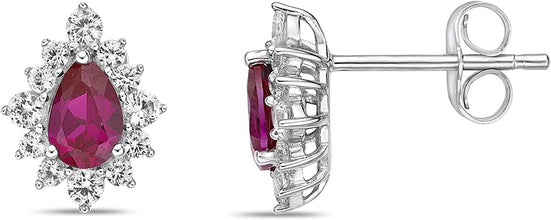 .925 Sterling Silver, Pear Cut Lab-Grown Gemstone & Round Lab-Grown White Sapphire Halo Teardrop Drop Style Stud Earrings - Choice of Gem Color