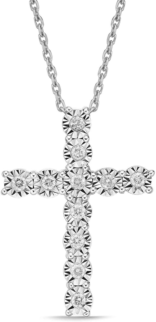 .925 Sterling Silver 1/4 Cttw Brilliant-Cut Diamond Miracle-Set Shared Prong Cross 20" Pendant Necklace (I-J Color, I2-I3 Clarity)
