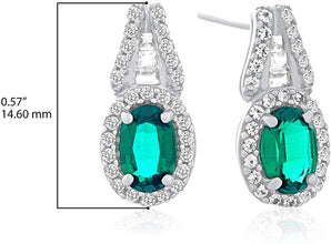 .925 Sterling Silver, Oval Cut Lab-Grown Gemstone & Round + Baguette Cut Lab-Grown White Sapphire Halo Drop Style Stud Earrings - Choice of Gem Color