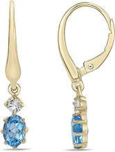 14K Yellow Gold Plated .925 Sterling Silver Oval Cut Birthstone & Created White Sapphire Leverback Dangle Earrings - Choice of Birthstone/Month