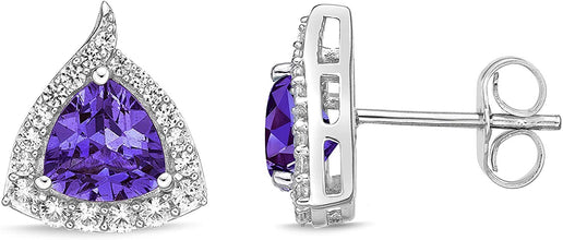 .925 Sterling Silver Trillion Cut Birthstone & Created White Sapphire Halo Stud Earrings - Choice of Birthstone/Month