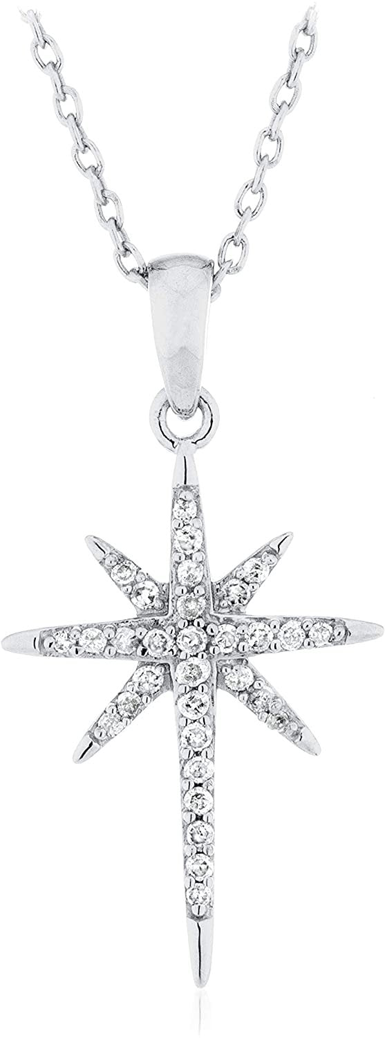 .925 Sterling Silver 1/8 Cttw Diamond Studded North Star Celestial Pendant Necklace with Cable Chain - 18” (I-J Color, I2-I3 Clarity)