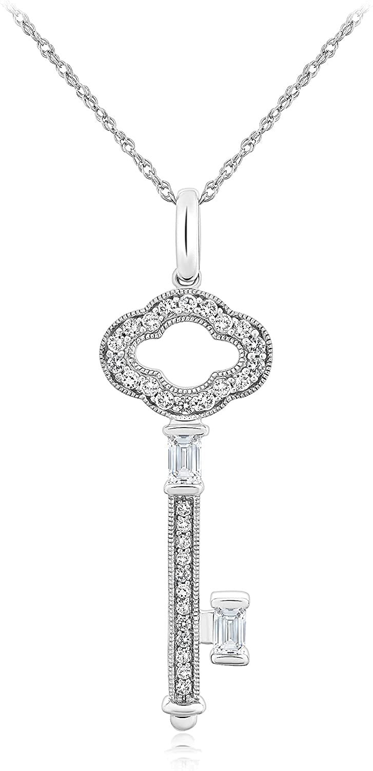 .925 Sterling Silver Round Created White Sapphire Open Milgrain Skeleton Key Pendant Necklace - 18"