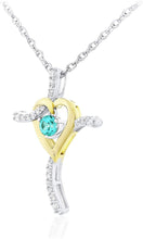 Two Tone 14K Yellow Gold Plated .925 Sterling Silver, Dangling Gemstone & Lab Grown White Sapphire Heart Cross Pendant Necklace 20” - Choice of Color