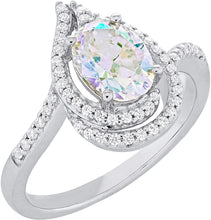 .925 Sterling Silver Oval Cut Aurora Borealis Cubic Zirconia & White Cubic Zirconias Pear Shape Engagment Ring