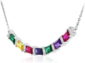 .925 Sterling Silver Lab Grown Sapphire Multicolored Rainbow Baguette Necklace