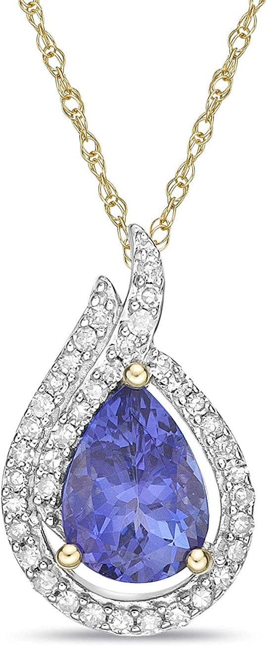 10K Yellow Gold, Pear Cut Violet Tanzanite & 1/6 Cttw Diamond Halo Teardrop Pendant Necklace with Rope Chain (H-I Color, I1-I2 Clarity) - 20”