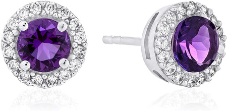 .925 Sterling Silver Birthstone and Lab Grown White Sapphire or CZ Halo Stud Earrings - Choice of Gem Color/Month