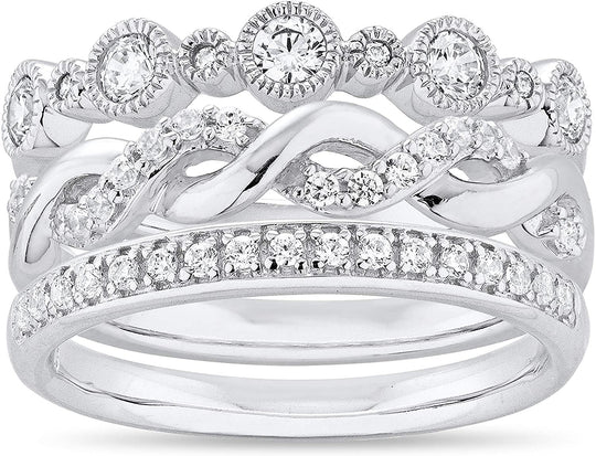 .925 Sterling Silver Cubic Zirconia Milgrain Round, Infinity Twist & Half-Eternity Stacking Bands - 3-Ring Set