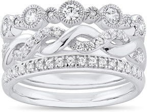 .925 Sterling Silver Cubic Zirconia Milgrain Round, Infinity Twist & Half-Eternity Stacking Bands - 3-Ring Set