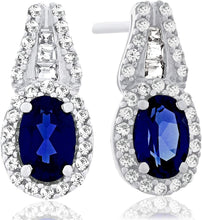 .925 Sterling Silver, Oval Cut Lab-Grown Gemstone & Round + Baguette Cut Lab-Grown White Sapphire Halo Drop Style Stud Earrings - Choice of Gem Color