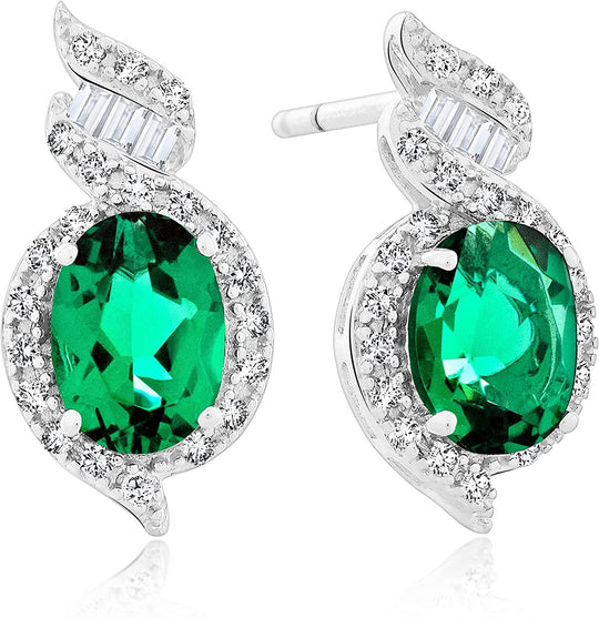 .925 Sterling Silver, 1-1/2 Cttw Green Oval Cut Lab-Grown Emerald & Lab-Grown White Sapphire 5/8" Ribbon Halo Drop Stud Earrings