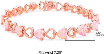 14K Rose Gold Plated .925 Sterling Silver & Heart Shaped Lab-Grown Pink Opal Cabochon Heart Link Tennis Bracelet - 7-1/4