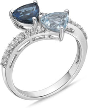 .925 Sterling Silver, Trillion Cut Swiss Blue Topaz and London Blue Topaz & Lab Grown White Sapphire Tonal Bypass Style Engagement Ring