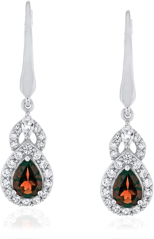 Sterling Silver Teardrop Birthstone & Lab Grown White Sapphire or CZ Art Deco Drop Hinged Latch Back Dangle Earrings - Choice of Gem Color/Month