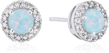 .925 Sterling Silver Birthstone and Lab Grown White Sapphire or CZ Halo Stud Earrings - Choice of Gem Color/Month