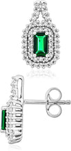 .925 Sterling Silver 1/2 Cttw Emerald Shape Created Emerald and Round Created White Sapphire Double Halo Earrings