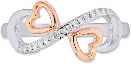 Two Tone 14K Rose Gold Plated .925 Sterling Silver Diamond Accented Infinity Knot with Hearts Promise Ring (I-J Color, I2-I3 Clarity)
