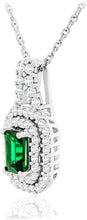 .925 Sterling Silver Emerald Shape Created Emerald and Round Created White Sapphire Double Halo Pendant Necklace - 18