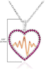 14K Gold Plated .925 Sterling Silver Round Created Ruby and Created White Sapphire Two Tone Heartbeat Heart Pendant Necklace - 18