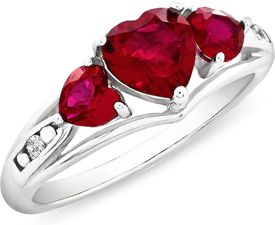 .925 Sterling Silver Heart Lab Grown Ruby Three Heart Ring - Size 7
