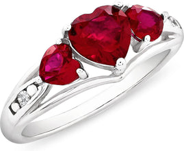 .925 Sterling Silver Heart Lab Grown Ruby Three Heart Ring - Size 7
