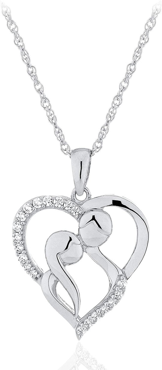 .925 Sterling Silver & Cubic Zirconia Heart with Couple and"I LOVE U" Message Pendant Necklace with 18" Rope Chain