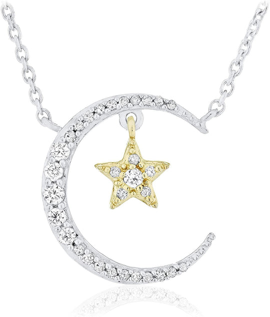 14K Yellow Gold Plated .925 Sterling Silver 1/5 Cttw Diamond Crescent Moon & Star Necklace on 18" Cable Chain (I-J Color, I2-I3 Clarity)