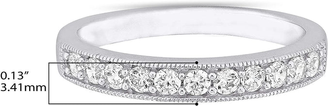 .925 Sterling Silver & Round Cubic Zirconia Half Eternity Milgrain Beaded Stackable Wedding Band Ring