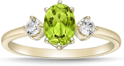 14K Yellow Gold Plated .925 Sterling Silver Oval Cut Birthstone & Created White Sapphire Three Stone Engagement Ring - Choice of Birthstone/Month