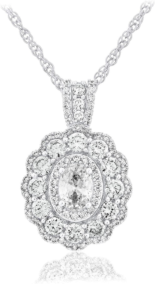 .925 Sterling Silver & Oval Cut White Cubic Zirconia Halo Oval Flower 20" Rope Chain Pendant Necklace