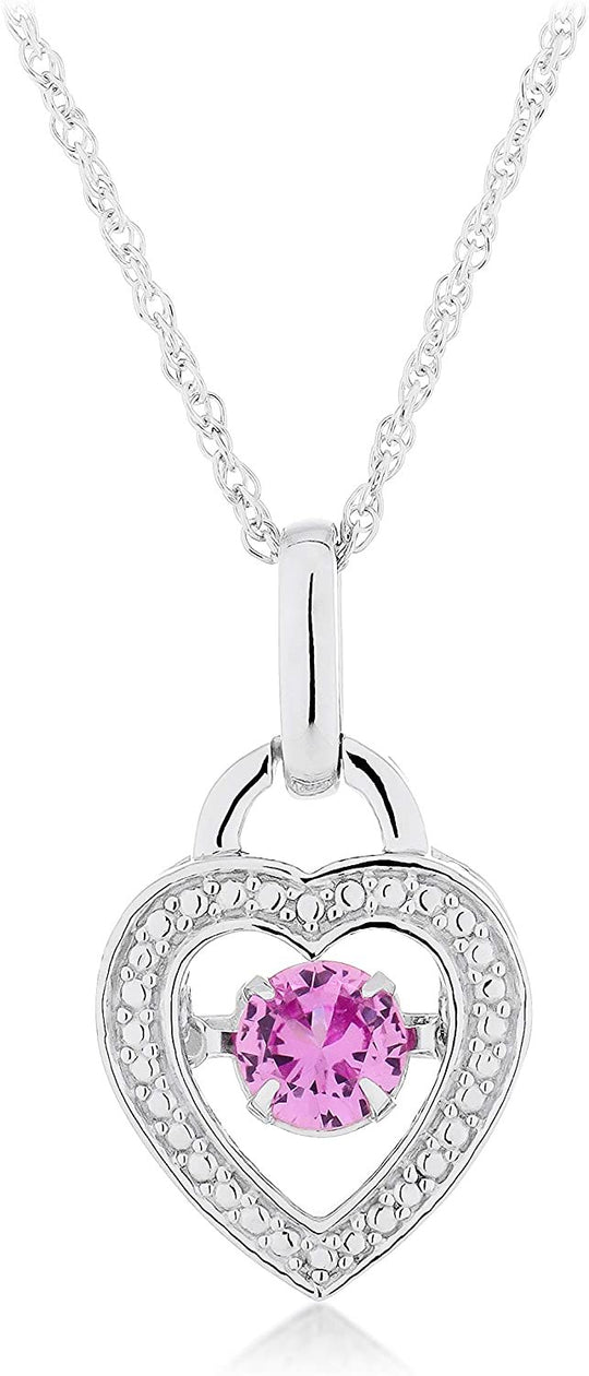 .925 Sterling Silver & Round Lab-Grown Pink Sapphire Dancing Heart Pendant Necklace with Delicate Rope Chain - 18”