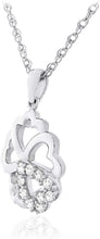 .925 Sterling Silver White Cubic Zirconia Cherry Blossom Flower with Hearts Pendant Necklace with Rope Chain - 20