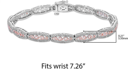 Two Tone 14K Rose Gold Plated .925 Sterling Silver 1/10 Cttw Diamond Flared Rectangle Link Filigree Tennis Bracelet (I-J Color, I2-I3 Clarity)- 7-1/4