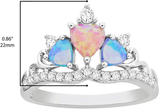 .925 Sterling Silver, Heart Cut Lab Grown Pink and Blue Opal Cabochons & Lab Grown White Sapphire Heart Tiara Crown Statement Fashion Ring