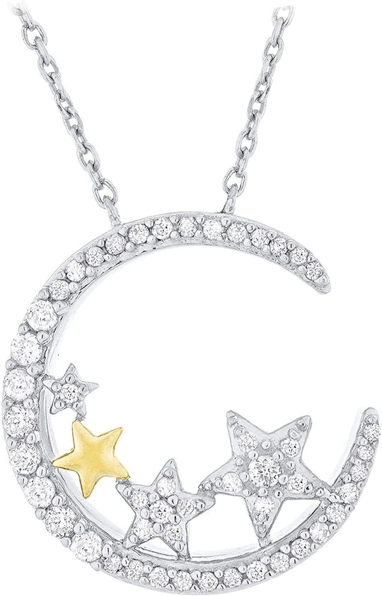 14K Yellow Gold Plated .925 Sterling Silver 1/3 Cttw Diamond Crescent Moon & Stars Necklace on 18" Cable Chain (I-J Color, I2-I3 Clarity)