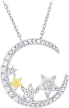 14K Yellow Gold Plated .925 Sterling Silver 1/3 Cttw Diamond Crescent Moon & Stars Necklace on 18