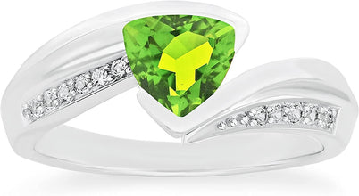 .925 Sterling Silver Trillion-Cut Birthstone & Lab Grown White Sapphire or CZ Double Shank Bypass Style Fashion Ring - Choice of Gem Color/Month