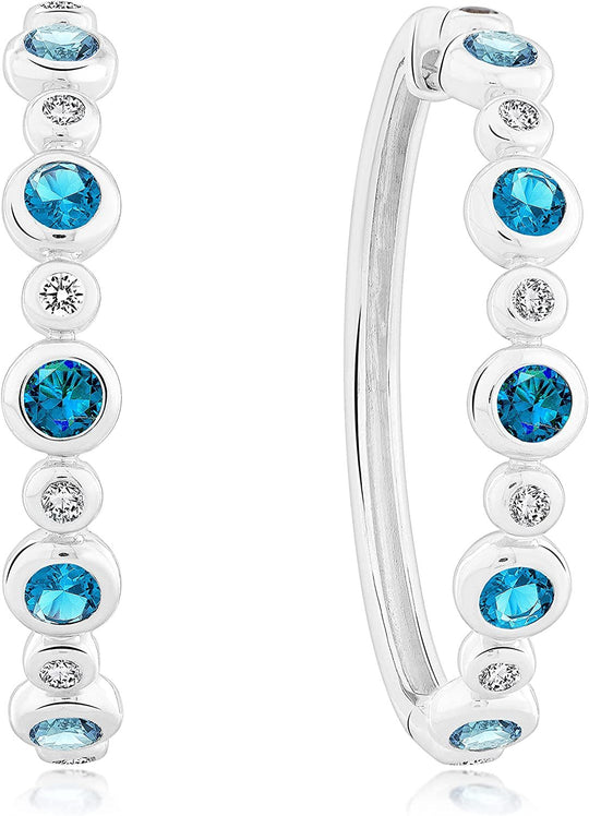 .925 Sterling Silver, London Blue Topaz, Swiss Blue Topaz, Sky Blue Topaz & White Topaz 1-1/2" Diameter Stacked Bezel Hoop Style Huggie Earrings