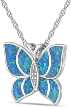 .925 Sterling Silver, Lab Grown Blue Green Opal Inlay & Lab Grown White Sapphire Butterfly Pendant Necklace with Rope Chain - 20”